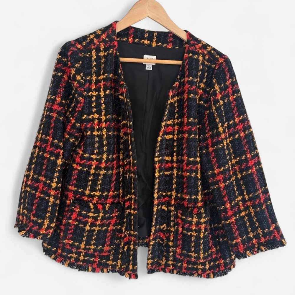 InterviewPlaid Tweed Fringe Jacket Size L Black Red Mustard Open Front Blazer